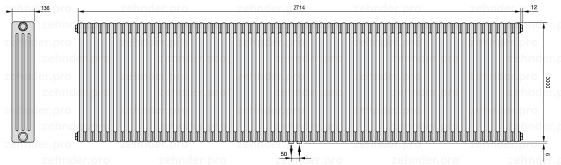Схема (чертеж) Радиатор Zehnder Charleston 4300/59 №5410 Белый глянцевый RAL 9016